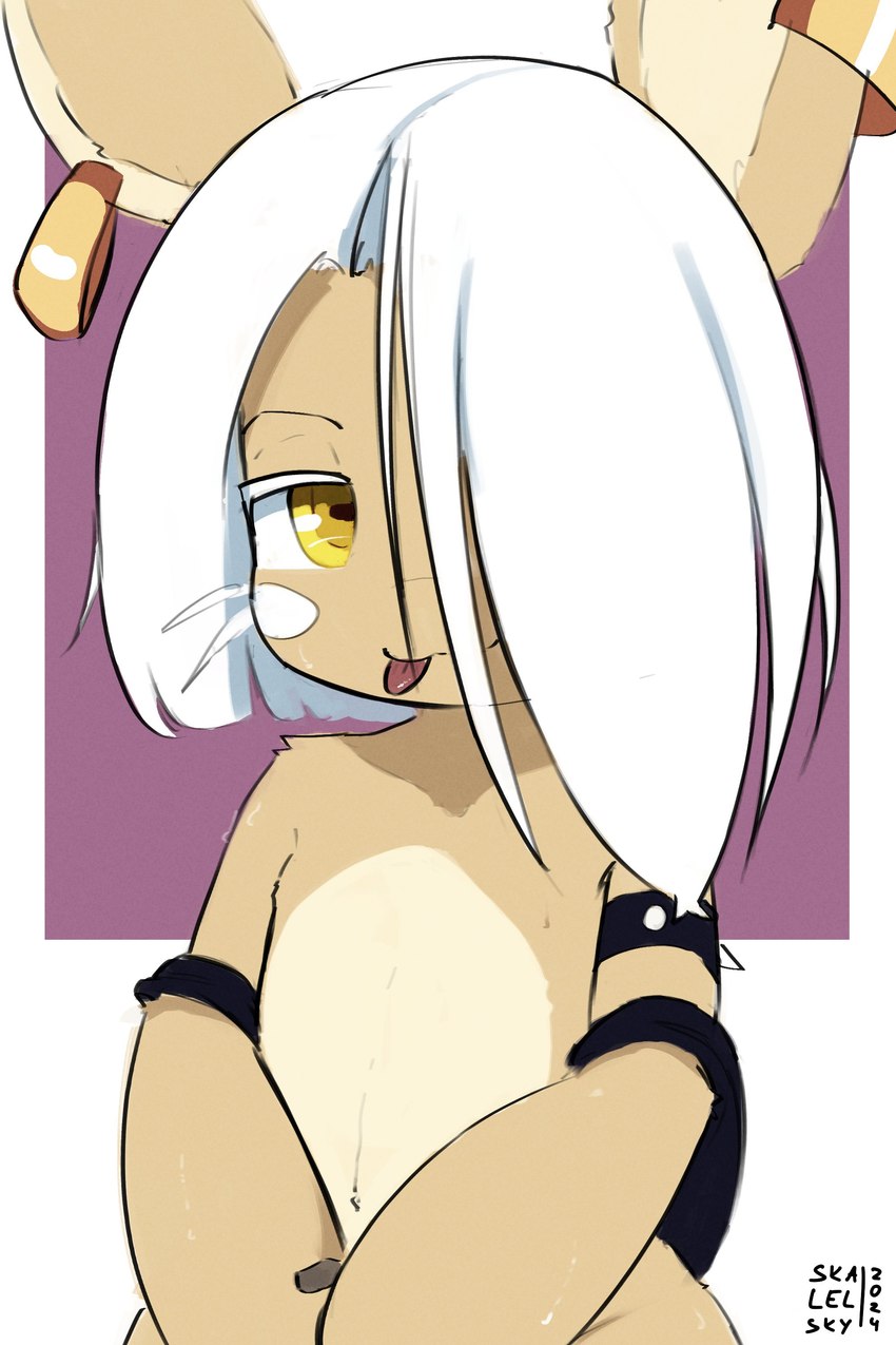 abstract_background ambiguous_gender anthro clothing ear_clip fur hair looking_at_viewer multicolored_body solo tan_body tan_fur tongue tongue_out two_tone_body undressing white_hair yellow_eyes skalelsky made_in_abyss nanachi 2:3 absurd_res digital_media_(artwork) hi_res