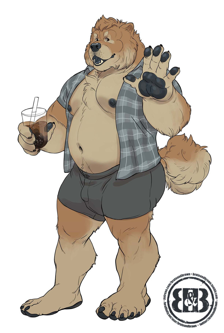 anthro barazoku beverage black_nipples black_tongue bottomwear brown_eyes cheek_tuft clothed clothing drinking_straw facial_tuft fluffy fluffy_tail fully_clothed fur gesture grin hair looking_at_viewer male musclegut muscular muscular_anthro muscular_male navel neck_tuft nipples open_clothing open_shirt open_topwear overweight overweight_anthro overweight_male pawpads pecs plaid shirt shorts simple_background smile soda solo standing tail tan_body tan_fur teeth tongue topwear tuft waving white_background bruteandbrawn canid canine canis domestic_dog mammal 2019 digital_media_(artwork) full-length_portrait hi_res portrait watermark