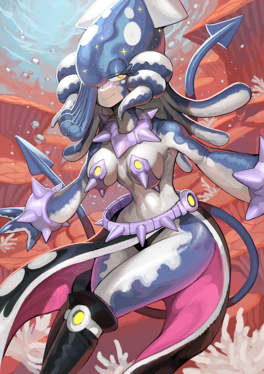 anthro blue_body breasts bubble female non-mammal_breasts pseudo_hair solo tentacle_hair tentacles underwater water white_body sumo_samo astronautical lucii_(blargen69) cephalopod coleoid decapodiform marine mollusk 2021 absurd_res hi_res