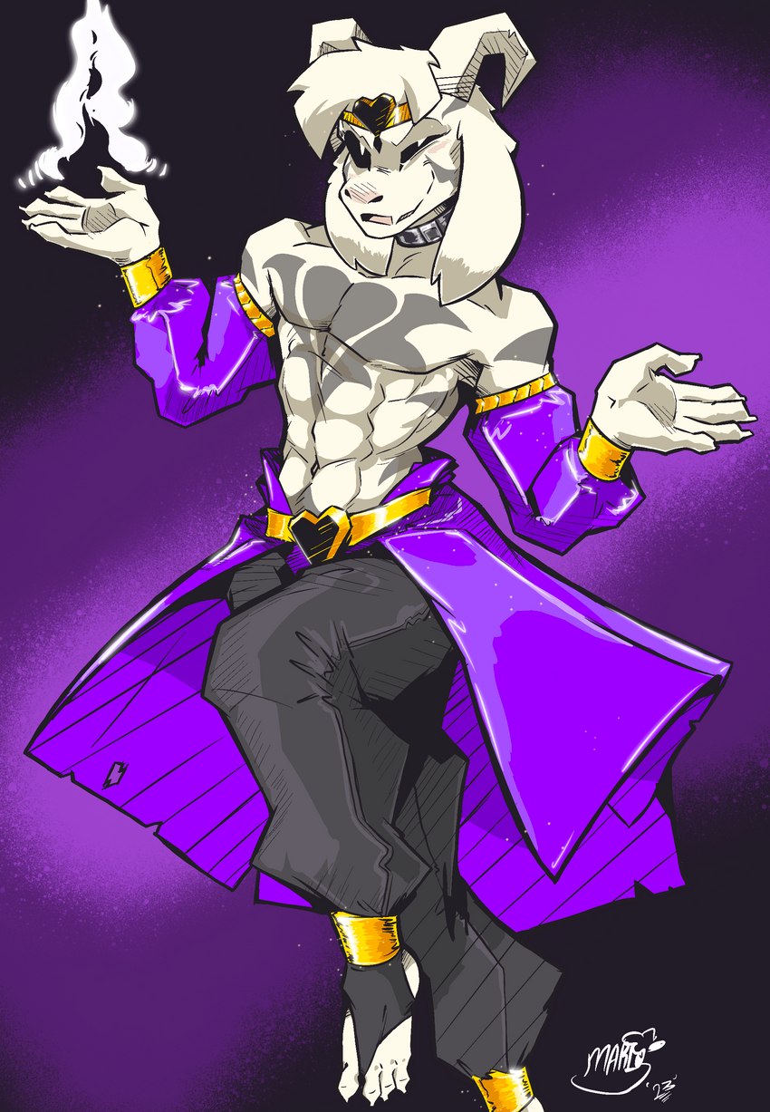 abs anthro black_bottomwear black_clothing black_pants bottomwear cape clothed clothing collar fire fur gold_band gold_belt hair horn jojo_pose legwear long_ears looking_at_viewer male metal_collar muscular muscular_anthro muscular_male open_mouth pants purple_cape purple_clothing shirtless_sleeves simple_background smile solo tattered_cape tattoo white_body white_fur fellowthewulf undertale undertale_(series) asriel_dreemurr_(god_form) bovid caprine goat mammal 2023 absurd_res digital_media_(artwork) hi_res signature