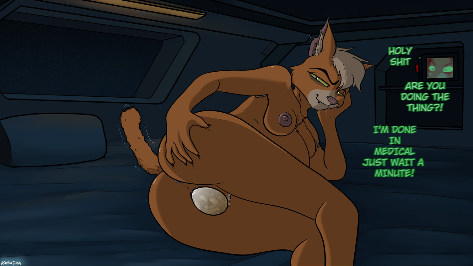 anthro armpit_hair bed bedroom body_hair bunk_bed crowning egg egg_from_vagina female furniture holidays mature_anthro mature_female oviposition peeking_through pregnant pregnant_anthro pregnant_female solo text maxim_theos easter star_trek star_trek_lower_decks dr._t'ana maxim_(maxim_theos) felid feline mammal absurd_res cel_shading english_text hi_res shaded