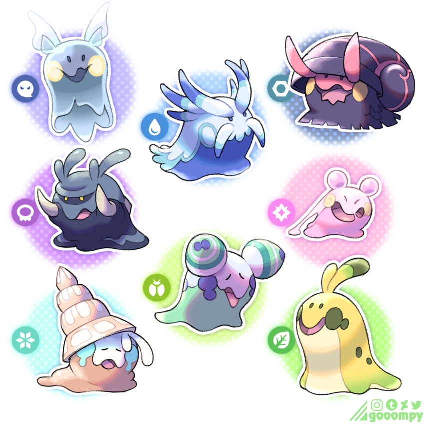 ambiguous_gender black_body feral legless open_mouth open_smile pink_body shell smile yellow_body gooompy fakemon nintendo pokemon gastropod generation_6_pokemon goomy green-banded_broodsac mollusk pokemon_(species) slug 1:1