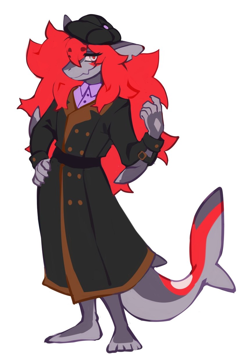 anthro barefoot clothed clothing coat eyelashes feet female front_view grey_body grey_eyes hair hand_on_hip long_hair markings mouth_closed pupils red_hair red_markings red_pupils simple_background solo standing topwear white_background corzh77 fish marine shark hi_res