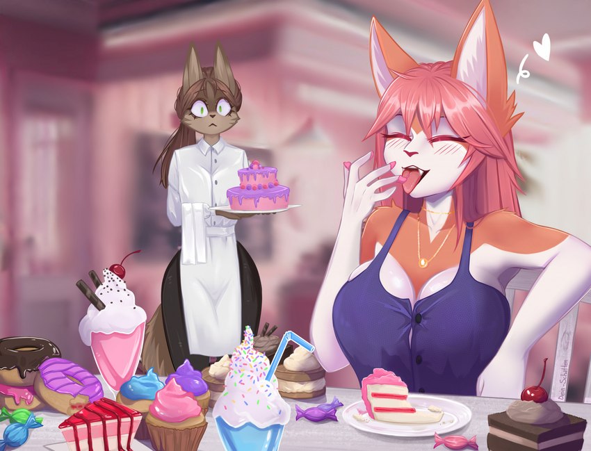 anthro big_breasts breasts cake clothed clothing dessert doughnut duo female food fully_clothed heart_symbol ice_cream jewelry necklace pastry platter sundae dein-schatten canid canine fox mammal hi_res