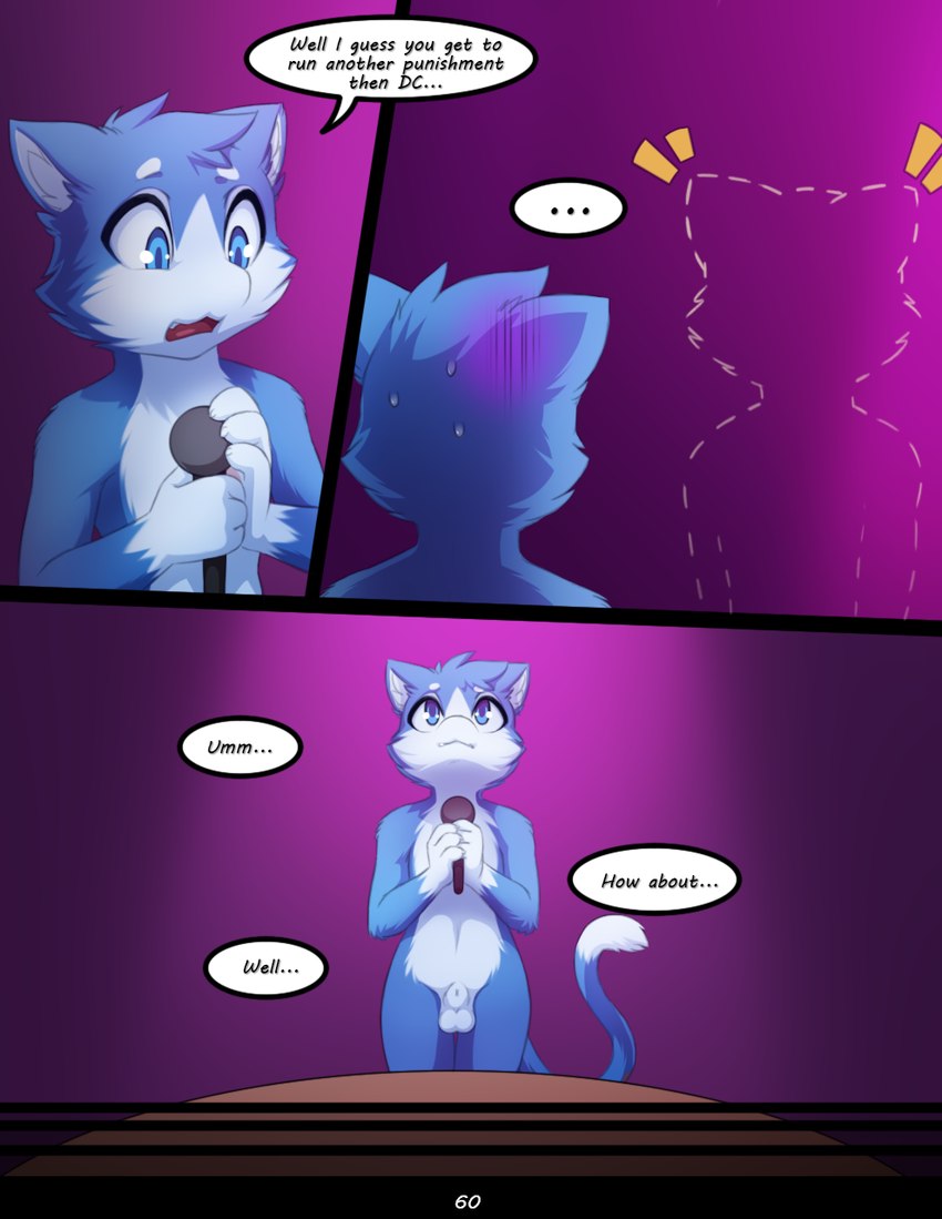 animal_genitalia anthro balls blue_body blue_eyes blue_fur dialogue fur genitals male nervous nude page_number sheath solo speech_bubble standing text darkmirage quetzalli_(darkmirage) assimilative_feline felid feline mammal 2023 comic english_text hi_res