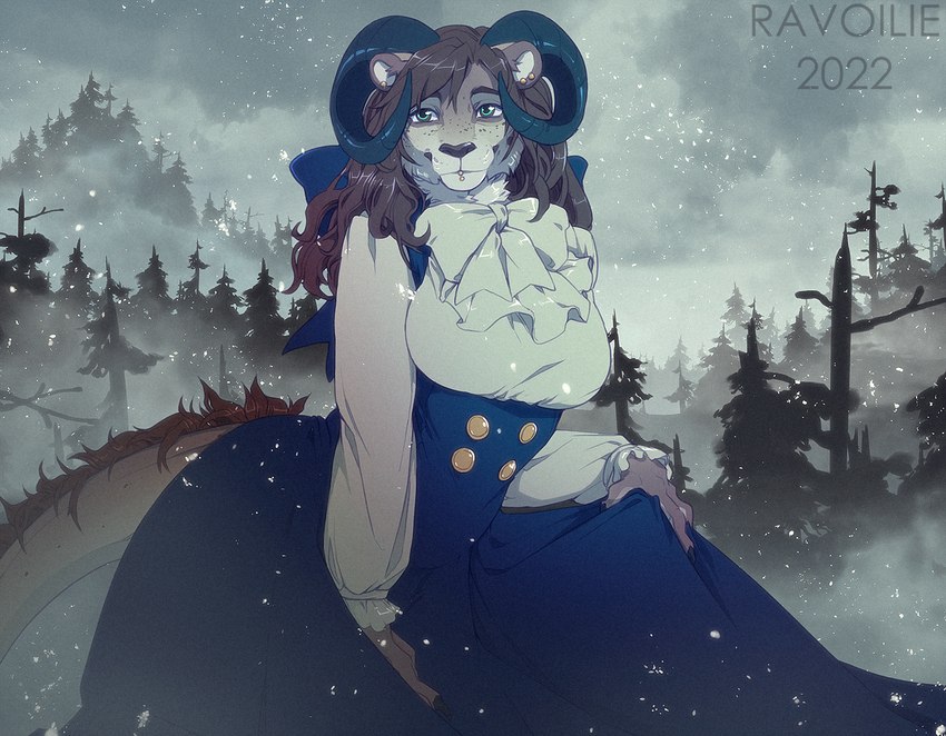 anthro breasts brown_body brown_fur brown_hair claws clothed clothing day detailed_background eyebrows eyelashes female fingers fur green_eyes hair outside smile solo ravoilie 2022 digital_media_(artwork)