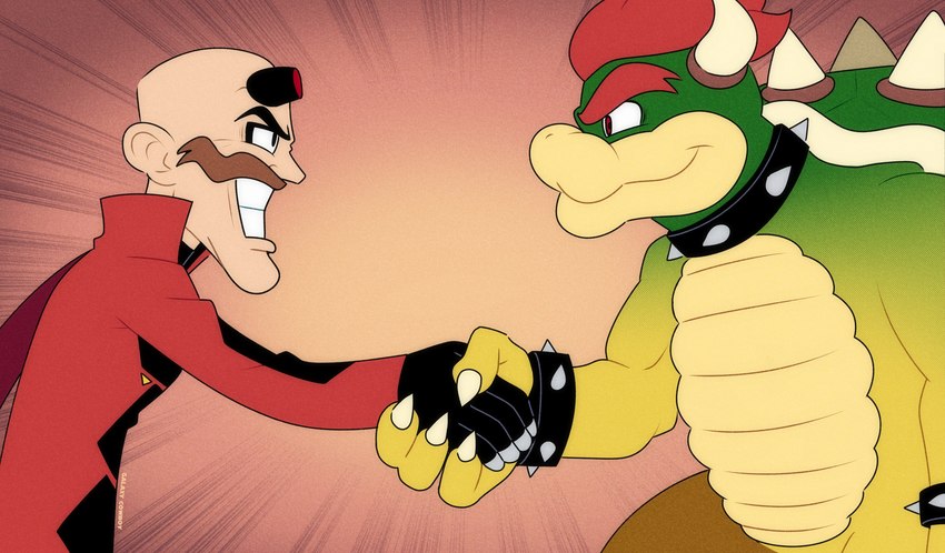 anthro brown_hair claws clothing duo eye_contact facial_hair gesture gloves hair hand_holding handshake handwear horn looking_at_another male red_hair galaxy_cowboy mario_bros nintendo sega sonic_the_hedgehog_(film) sonic_the_hedgehog_(series) bowser dr._eggman human koopa mammal scalie 2022 crossover hi_res signature