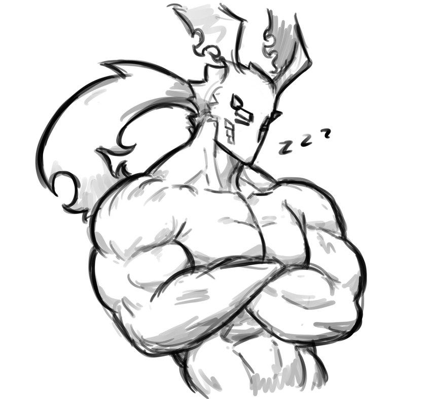 big_muscles crossed_arms eyebrows eyes_closed male muscular muscular_humanoid muscular_male sleeping solo spikes thick_eyebrows dynogreeno arc_system_works guilty_gear mythology sol_badguy dragon gear_(guilty_gear) humanoid mythological_creature mythological_scalie scalie absurd_res hi_res monochrome