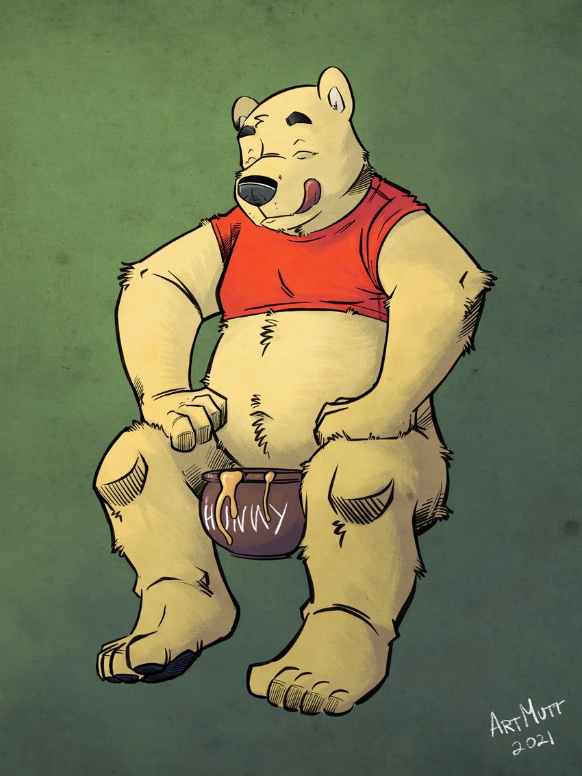 anthro arm_tuft belly belly_tuft black_nose black_pawpads bottomless bottomless_anthro bottomless_male chest_tuft clothed clothing convenient_censorship elbow_tuft eyebrows eyes_closed feet food fur green_background hands_on_legs head_tuft hindpaw honey_(food) humanoid_hands leg_tuft licking licking_lips male overweight overweight_anthro overweight_male pawpads paws red_clothing red_shirt red_topwear shirt simple_background sitting solo tongue tongue_out topwear tuft yellow_body yellow_fur k-9 disney winnie_the_pooh_(franchise) pooh_bear bear mammal 2021 hi_res signature