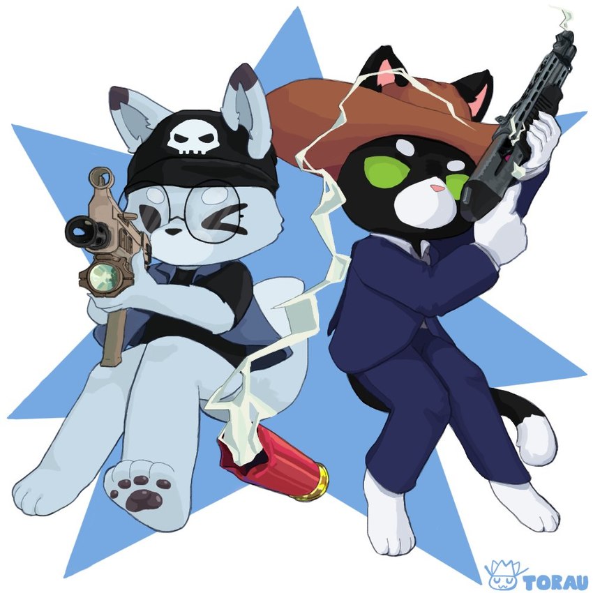 anthro assault_rifle clothing cowboy_hat duo eyewear glasses gun hat headgear headwear male ranged_weapon rifle round_glasses scar-h shotgun spas-12 weapon torau pixile_studios super_animal_royale canid canine domestic_cat felid feline felis fox mammal 1:1