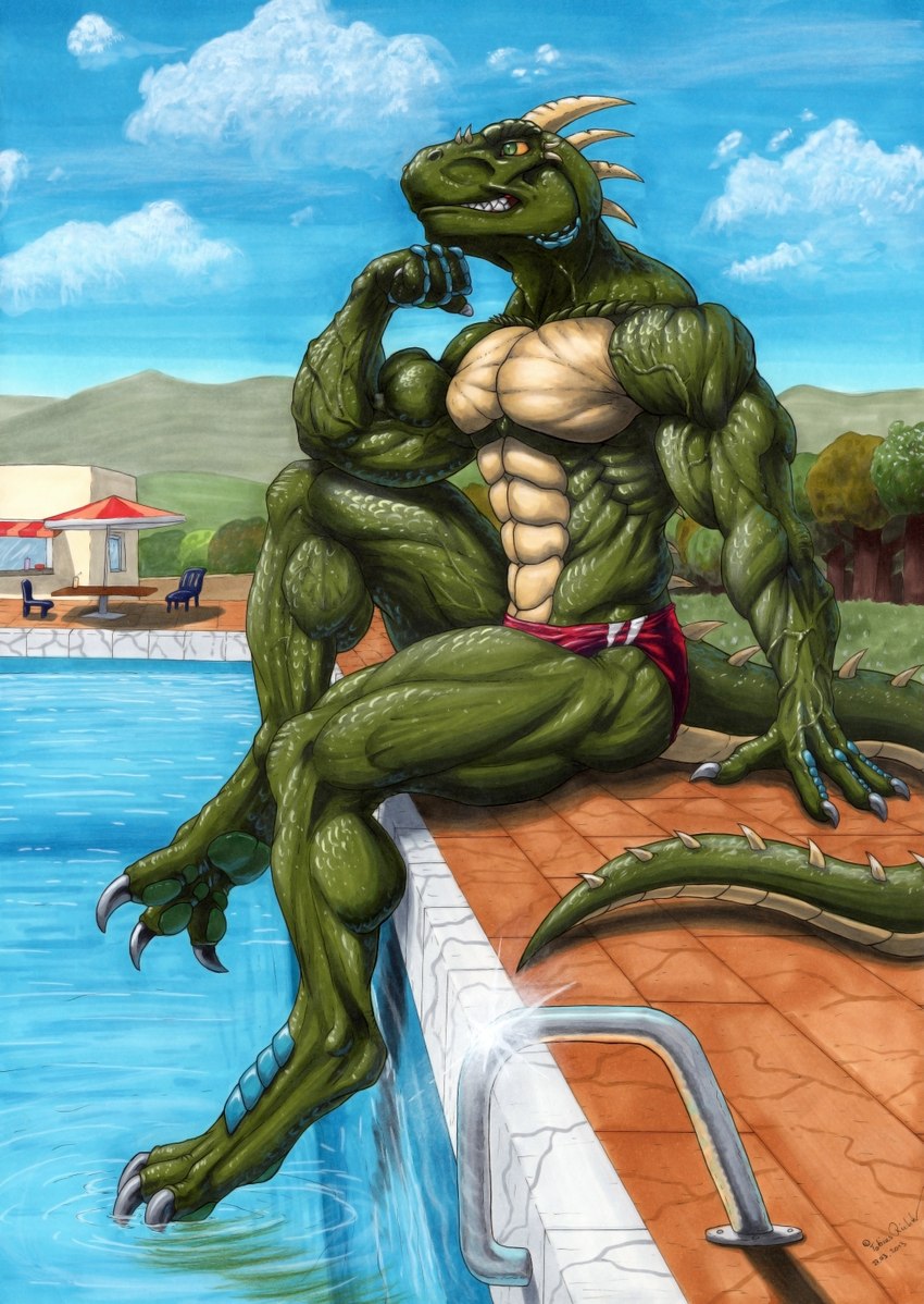 anthro blue_sky clothed clothing cloud green_body green_eyes green_scales male muscular muscular_anthro muscular_male red_clothing red_speedo red_swimwear scales sky smile solo speedo speedo_only swimming_pool swimwear teeth topless water yellow_sclera djdarkfox reptile_cynrik_(character) reptile scalie hi_res traditional_media_(artwork)