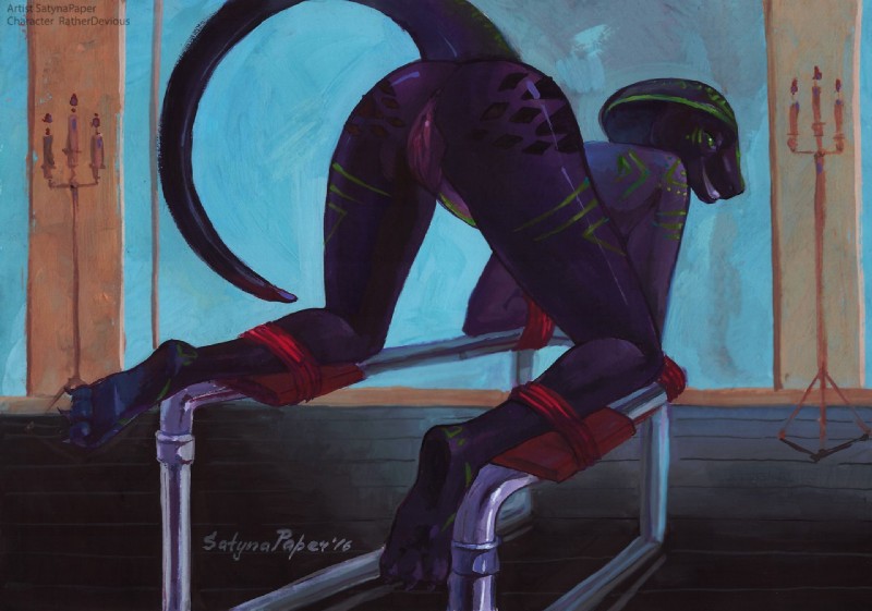 all_fours anthro bdsm bondage bound butt butt_focus candle female fuck_bench genitals looking_at_viewer looking_back nude pussy smile snake_hood solo submissive submissive_female satynapaper qhala cobra reptile scalie snake 2016 oil_painting_(artwork) painting_(artwork) traditional_media_(artwork)