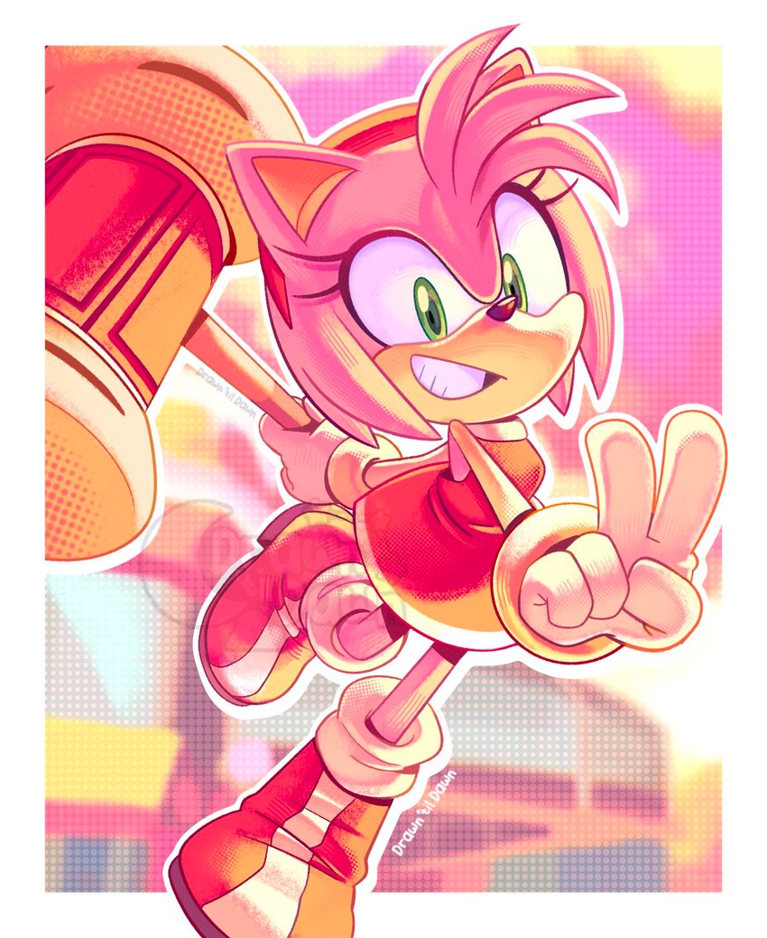 5_fingers accessory anthro boots clothing female fingers footwear gesture gloves green_eyes hair_accessory hairband hammer hand_gesture handwear micro_thighs piko_piko_hammer shoes smile solo thin_thighs tools v_sign drawntildawn sega sonic_the_hedgehog_(series) amy_rose eulipotyphlan hedgehog mammal hi_res signature