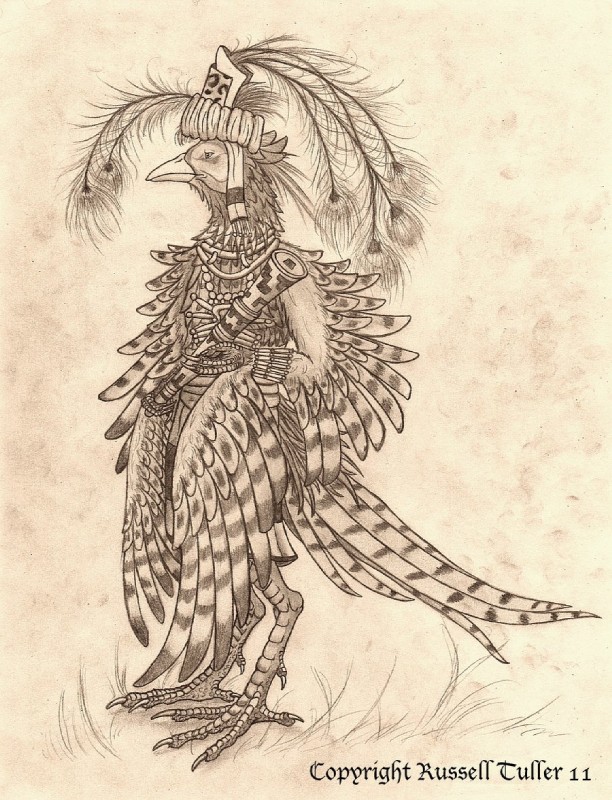 ambiguous_gender anthro beak feathered_wings feathers scan solo tail tail_feathers tribal winged_arms wings russell_tuller avian bird common_pheasant galliform phasianid phasianus 2011 greyscale monochrome traditional_media_(artwork)