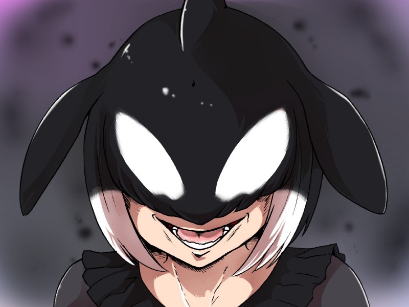 black_hair blowhole clothed clothing dorsal_fin ear_fins female fin grin hair hair_over_eyes multicolored_hair open_mouth sharp_teeth short_hair smile solo teeth tongue white_hair isna kemono_friends killer_whale_(kemono_friends) animal_humanoid cetacean cetacean_humanoid humanoid mammal marine marine_humanoid orca_humanoid toothed_whale_humanoid 4:3