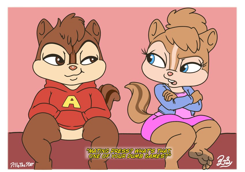 anthro bed bedroom border clothing duo eye_contact eyebrows female furniture hood hoodie humor looking_at_another male male/female on_bed raised_eyebrows short_stack sitting sitting_on_bed smile smirk suggestive text thick_thighs to_be_continued topwear white_border young pillothestar alvin_and_the_chipmunks alvin_and_the_chipmunks_(live-action) alvin_seville brittany_miller the_chipettes chipmunk ground_squirrel mammal rodent sciurid tree_squirrel absurd_res comic hi_res