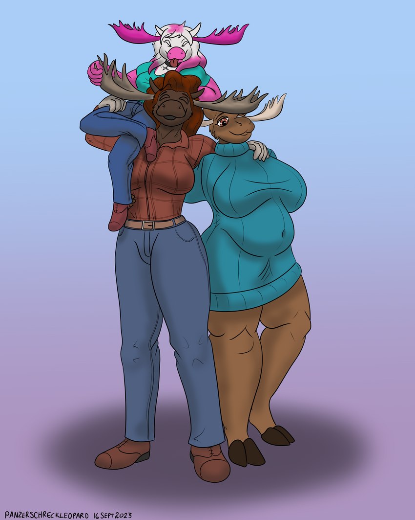 anthro antlers belt big_breasts blue_clothing boots bottomless bottomwear breasts brown_body brown_eyes brown_fur brown_hair clothed clothing deep_navel denim denim_bottomwear denim_clothing eyes_closed female flannel flannel_shirt footwear fur group group_photo hair hand_on_belly hand_on_leg hand_on_shoulder hands_on_shoulders holding_antler hooves horn hug jeans jewelry long_hair looking_at_viewer navel necklace pants pink_body pink_fur pink_hair red_clothing shirt shoes sitting_on_shoulder size_difference slightly_chubby slightly_chubby_female smile sweater t-shirt tan_body tan_fur tongue tongue_out topwear trio white_body white_fur white_hair panzerschreckleopard gerry_(mcdoogiy) reda_(moosegorl) victoria_(panzerschreckleopard) deer mammal moose new_world_deer 2023 4:5 absurd_res colored hi_res