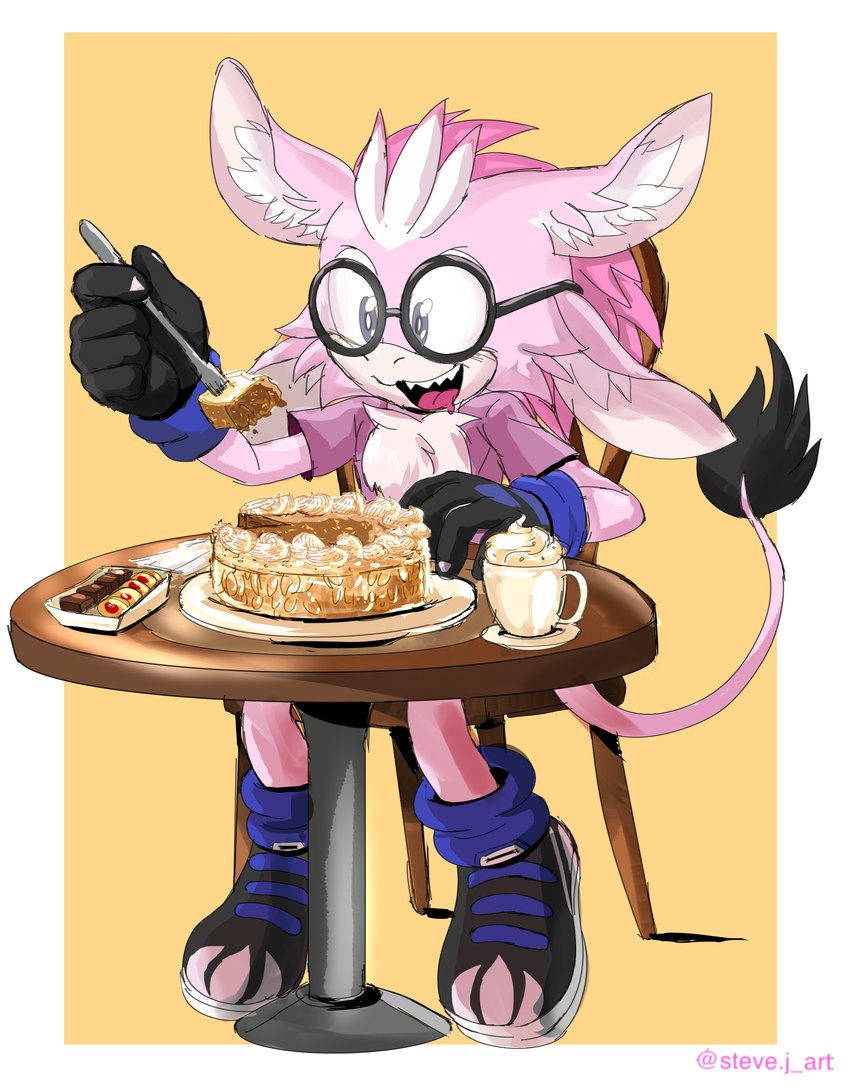 ambiguous_gender anthro blue_eyes cake chair clothing cookie cutlery dessert eyewear fangs feathers food footwear fork fur furniture glasses gloves handwear kitchen_utensils male open_mouth pink_body pink_fur shirt shoes simple_background sitting socks solo table tail teeth tools topwear steve_jones sega sonic_the_hedgehog_(series) kerolink absurd_res colored full-length_portrait hi_res portrait shaded