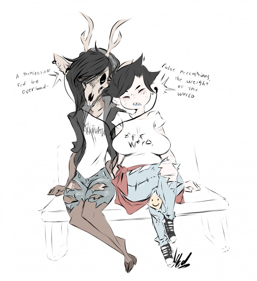 anthro antlers black_hair bone bottomwear brown_body brown_fur clothing denim denim_bottomwear denim_clothing duo ear_piercing ear_ring earbuds electronics eyes_closed female freckles fur hair headphones hoodie hooves horn jeans male multicolored_body multicolored_fur pants piercing pixie_cut ring_piercing shirt simple_background skull skull_head t-shirt tan_body tan_fur teeth text tooth_gap topwear torn_bottomwear torn_clothing torn_pants two_tone_body two_tone_fur white_background dullvivid american_mythology converse indigenous_north_american_mythology mythology north_american_mythology gwendigo_(dullvivid) lara_ravencroft human mammal wendigo english_text hi_res