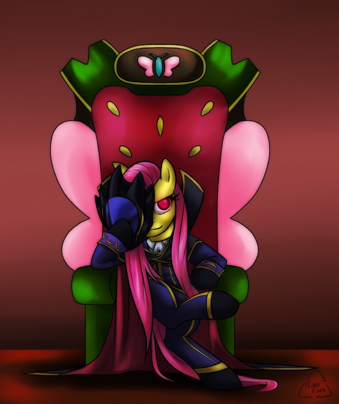 chair clothed clothing female furniture hair long_hair mask pink_hair purple_eyes simple_background sitting solo melancholysanctuary code_geass friendship_is_magic hasbro my_little_pony fluttershy_(mlp) lelouch_lamperouge zero_(code_geass) equid equine horse mammal pony 2011 crossover hi_res