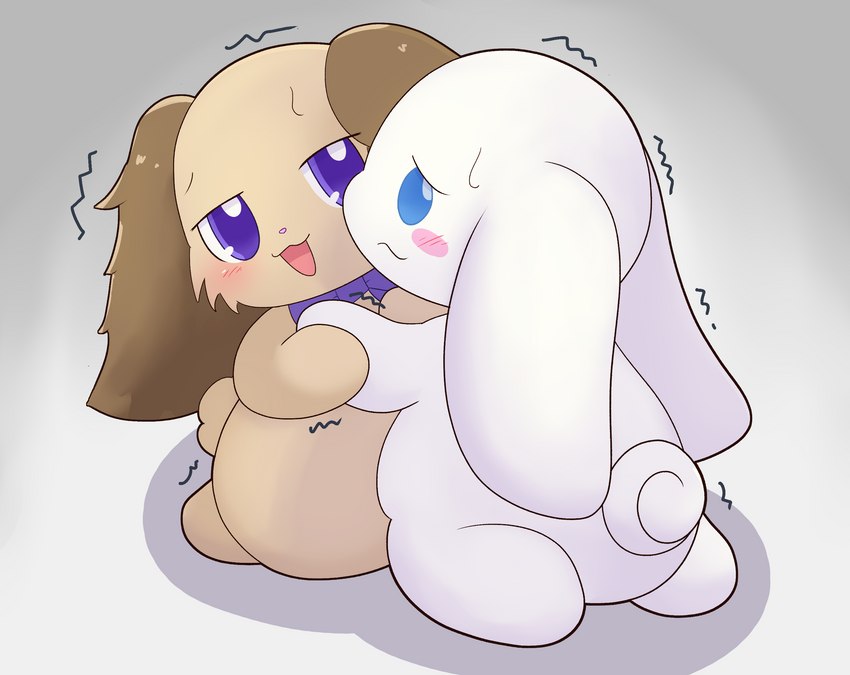 ambiguous_gender anthro awkward blue_eyes blush brown_body brown_fur chibifur duo fur hug purple_eyes semi-anthro shaking simple_background white_body white_fur bluehiyokobunny cinnamoroll jewelpet sanrio sega sega_fave cinnamon_(cinnamoroll) io_(jewelpet) canid canine canis domestic_dog lagomorph leporid mammal rabbit hi_res male_(lore)