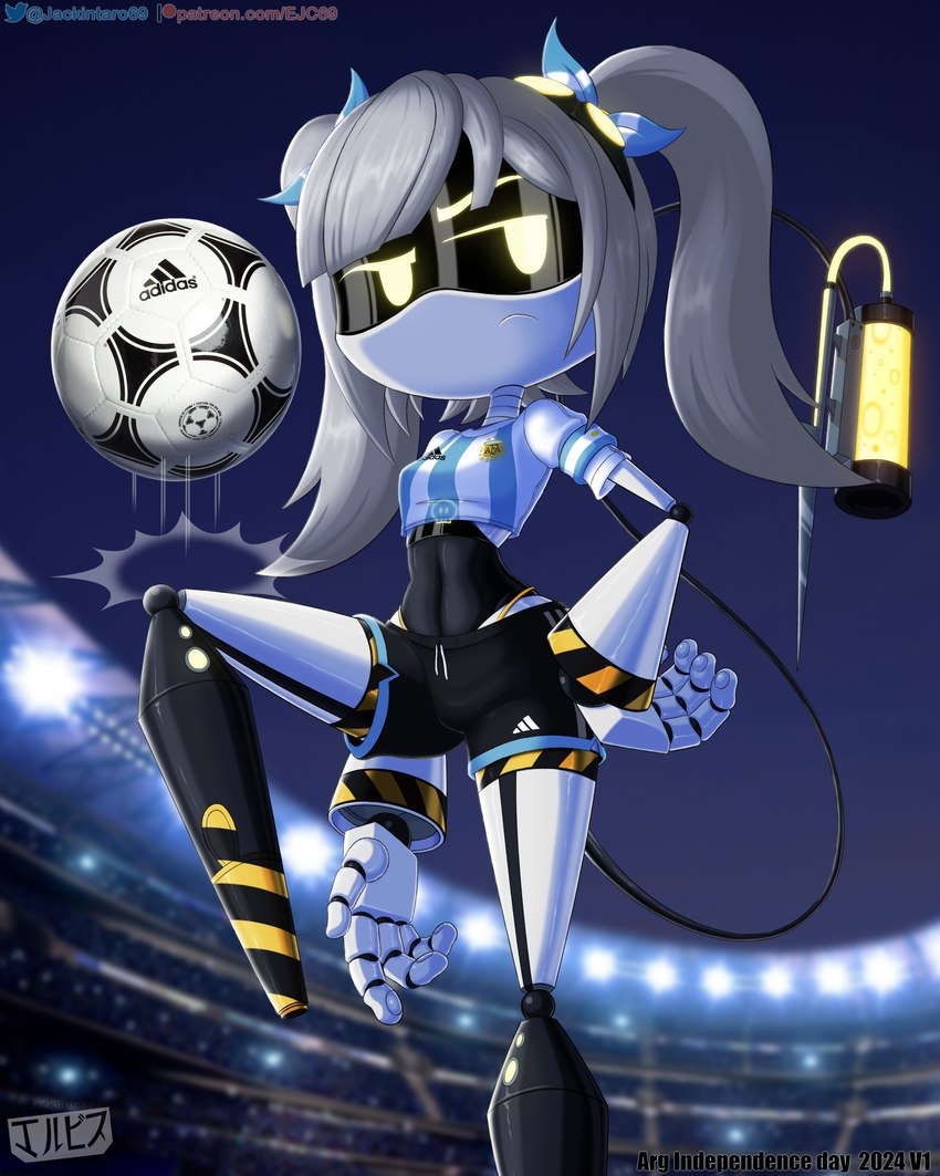 accessory ball bottomwear clothed clothing female fingers grey_hair hair hazard_stripes looking_at_viewer machine pigtails ribbons screen_eyes shirt shorts soccer soccer_ball soccer_uniform solo sport sportswear syringe tail topwear twintails_(hairstyle) uniform white_body yellow_eyes jackintaro glitch_productions independence_day_(argentina) murder_drones j_(murder_drones) disassembly_drone humanoid robot robot_humanoid tailed_humanoid 4:5 absurd_res digital_media_(artwork) hi_res