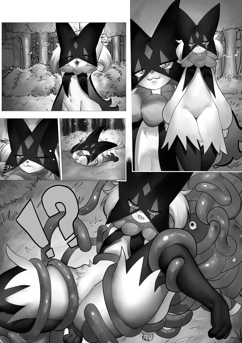 ambiguous_gender anthro bdsm bondage bound duo female outside question_mark questionable_consent restrained restrained_by_tentacles smug_expression tentacles pecco_occeq nintendo pokemon generation_1_pokemon generation_9_pokemon meowscarada pokemon_(species) tangela comic hi_res monochrome