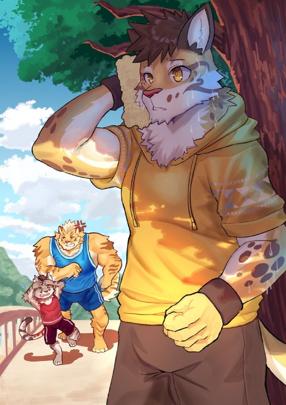 anthro clothed clothing countershading fur group hoodie male muscular muscular_male simple_background solo_focus topwear ryulabo soonico nekojishi studio_klondike likulau lin_hu shu-chi clouded_leopard felid feline leopard_cat mammal pantherine prionailurus tiger 2019 digital_media_(artwork) hi_res