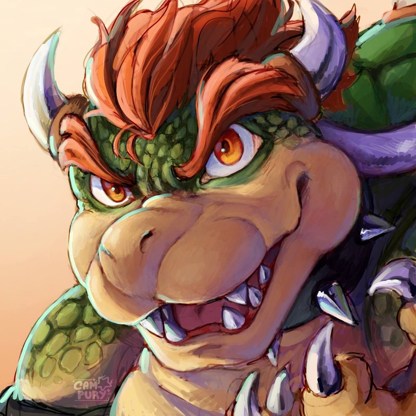 anthro claws collar evil_face evil_grin fangs finger_claws green_body hair horn male red_hair scales shell simple_background smile solo spiked_collar spikes teeth yellow_eyes campury mario_bros nintendo bowser koopa scalie 1:1 headshot_portrait hi_res portrait