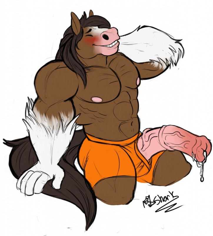 abs animal_genitalia animal_penis anthro biceps big_muscles big_penis boxers_(clothing) clothed clothing dripping equine_genitalia equine_penis erection eyes_closed genitals hand_behind_head male muscular muscular_anthro muscular_male nipples pecs penis penis_poking_out penis_through_fly simple_background smile solo teeth topless underwear vein veiny_penis white_background manlyshark brett_(bluefoxyboi) equid equine horse mammal hi_res watermark