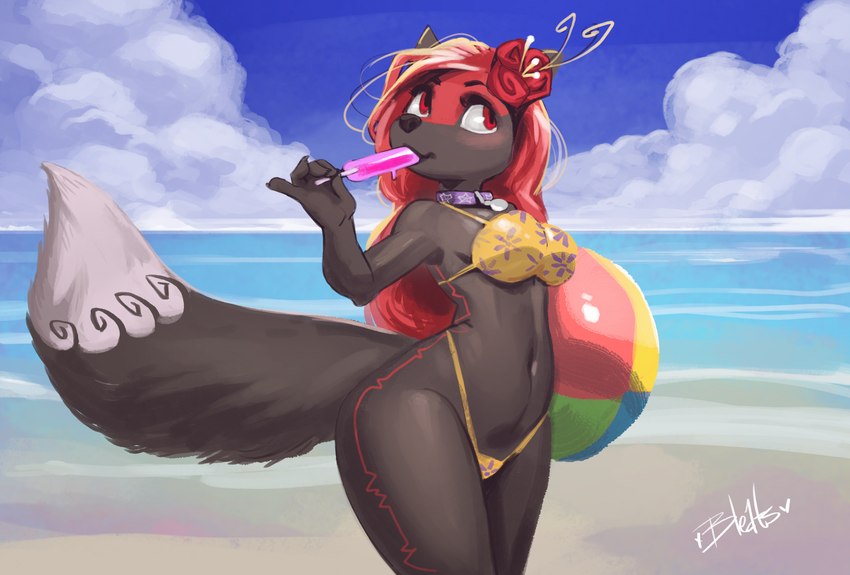 anthro ball beach beach_ball bikini breasts clothing female food hair inflatable popsicle red_hair seaside solo swimwear two-piece_swimsuit wide_hips bleats canid canine mammal absurd_res hi_res