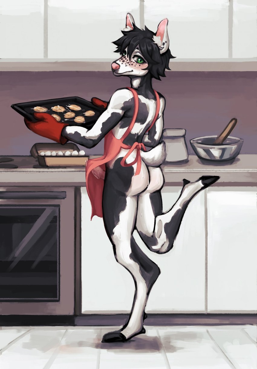 anthro apron apron_only baking black_body black_fur black_hair black_hooves blush bodily_fluids bulge butt clothed clothing cookie cooking cum cum_in_clothing cum_on_clothing cum_on_food cum_through_clothing detailed_background ear_piercing erection erection_under_clothing femboy food food_fetish food_play freckles fur genital_fluids genitals green_eyes hair handwear hooves humanoid_genitalia humanoid_penis kitchen kitchen_utensils male mostly_nude mottled mottled_body mottled_fur one_leg_up oven_mitts penis piercing pink_nose raised_leg rear_view smile solo sweat tenting thick_thighs tools wet wet_clothing white_body white_fur wide_hips mabiwabi sue_lee deer mammal hi_res