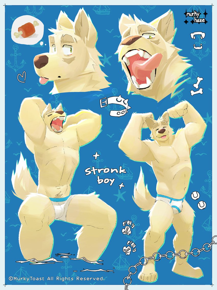 anthro biceps big_muscles blep bone chain clothed clothing collar copyright_symbol fangs flexing food fur heart_symbol looking_at_viewer male meat multiple_poses muscular muscular_anthro muscular_male open_mouth pose raised_tail sitting sketch_background solo standing symbol tail teeth teeth_showing text thought_bubble tongue tongue_out underwear underwear_only white_body white_fur yawn murkyhaze canid canine canis domestic_dog mammal 2023 3:4 digital_media_(artwork) english_text hi_res sketch watermark