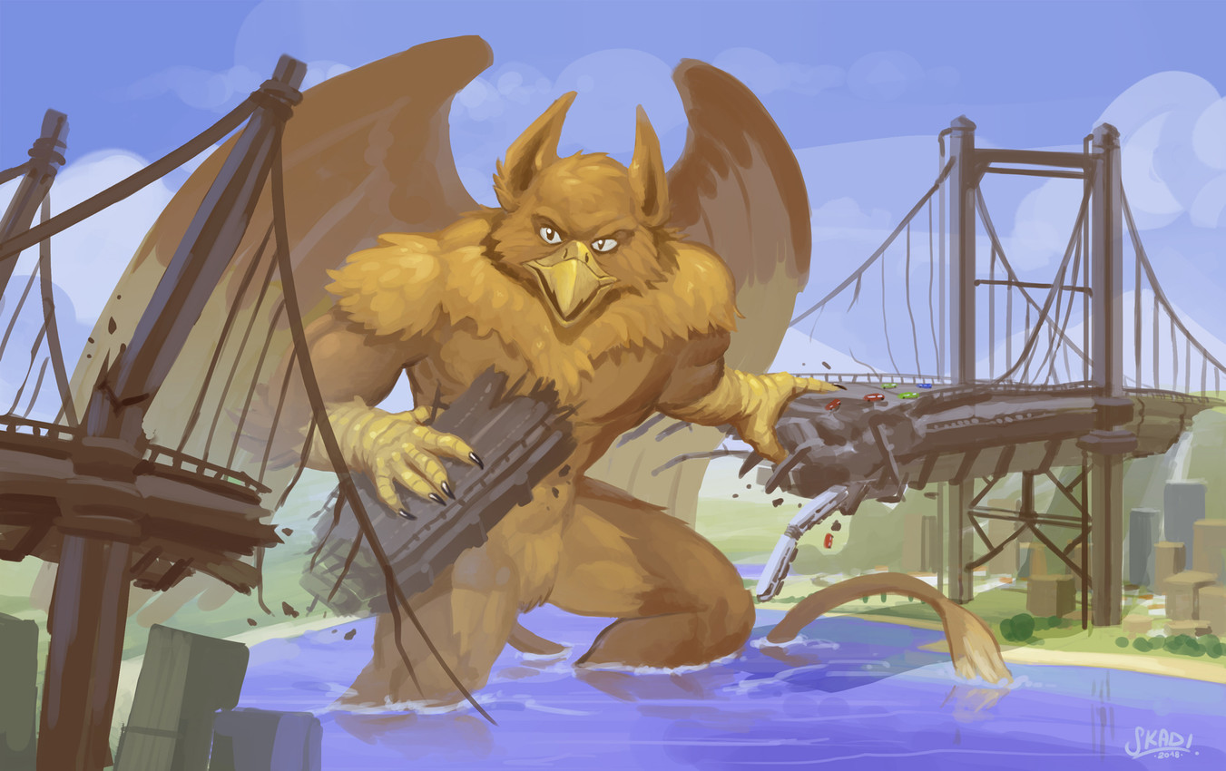 abs anthro beak biped bridge brown_body building building_destruction car city city_background cityscape claws destruction detailed_background extreme_size_difference feathered_wings feathers finger_claws fingers house looking_at_viewer macro macro_anthro macro_male male muscular muscular_anthro muscular_male nude outside pecs rampage size_difference sky solo tail vehicle vehicle_destruction water wings skadigasm mythology carpo avian gryphon mythological_avian mythological_creature hi_res