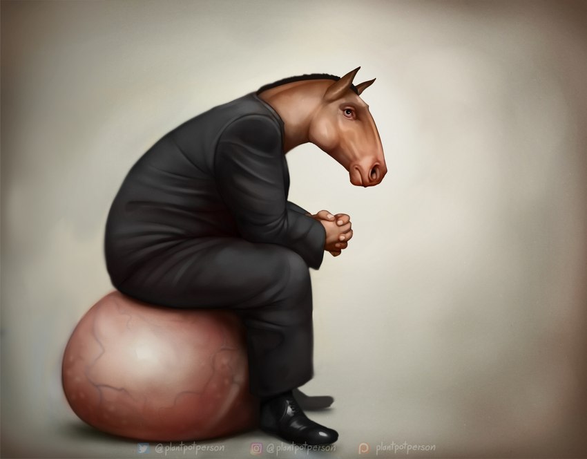 anthro balls balls_only big_balls clothed clothing cursed_image genitals huge_balls humor hyper hyper_balls hyper_genitalia interlocked_fingers male simple_background sitting sitting_on_balls sitting_on_own_balls solo suit vein veiny_balls plantpotperson equid equine horse mammal 2020 hi_res signature