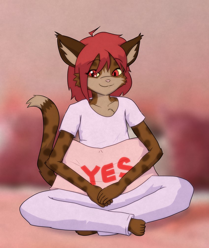 ambiguous_gender anthro clothing hair looking_at_viewer pajama_pants pillow red_eyes red_hair shirt smile smiling_at_viewer solo t-shirt tail topwear yes-no_pillow yes_pillow kawaoneechan kawa felid felin mammal 2023 absurd_res digital_media_(artwork) hi_res meme