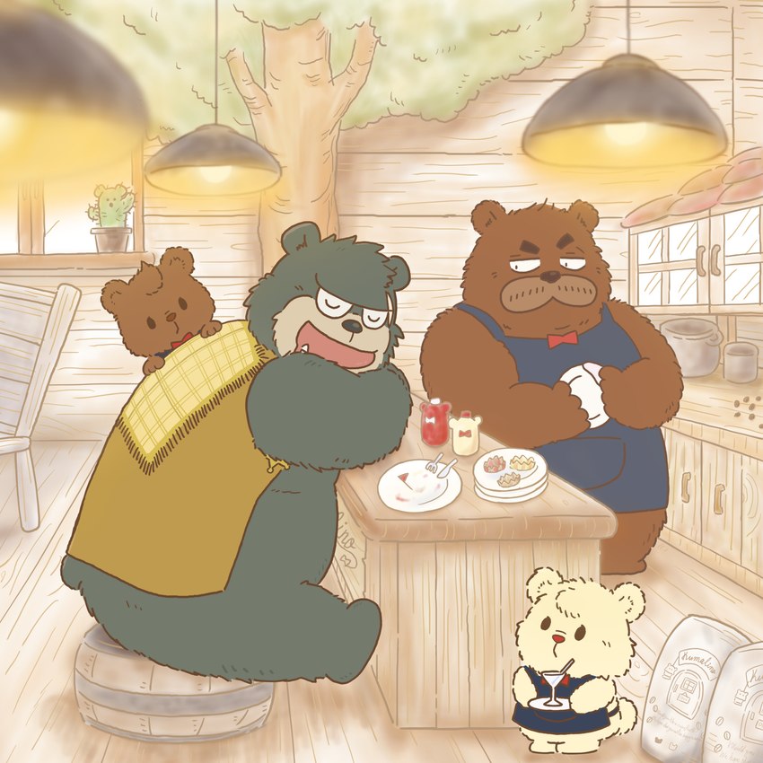 anthro apron bow_tie brown_body clothing detailed_background dot_eyes eyes_closed group inside kemono male overweight overweight_male scar white_body gensuke kumalino sanrio brew_(kumalino) drip_(kumalino) roast_(kumalino) syrup_(kumalino) bear mammal 1:1 2023 hi_res