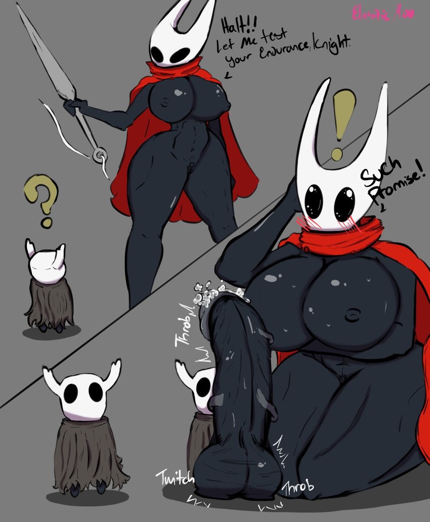 2_horns anthro arm_under_breasts balls big_breasts biped black_body black_breasts black_eyes black_nipples black_text blush blush_lines bodily_fluids breasts cloak clothing cum dialogue duo exclamation_point female genital_fluids genitals glans grey_background hand_on_head holding_melee_weapon holding_object holding_weapon horn kneeling looking_at_another looking_at_genitalia looking_at_penis male male/female melee_weapon nipples penis pink_text pussy question_mark red_cloak red_clothing shadow simple_background small_but_hung sound_effects standing surprise talking_to_another text weapon white_head white_text wide_hips elasticmoo hollow_knight team_cherry hornet_(hollow_knight) the_knight_(hollow_knight) arthropod vessel_(species) 2024 artist_name digital_media_(artwork) english_text hi_res brother_(lore) brother_and_sister_(lore) incest_(lore) sibling_(lore) sister_(lore)