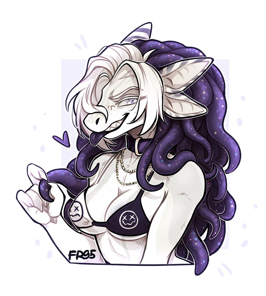 4_ears anthro blep breasts claws collar female finger_claws hair jewelry multi_ear necklace nipple_outline pseudo_hair pupils purple_collar purple_eyes sharp_teeth simple_background slit_pupils solo teeth tentacle_hair tentacles tongue tongue_out white_body white_claws white_hair f-r95 fish marine shark 2024 bust_portrait colored digital_drawing_(artwork) digital_media_(artwork) half-length_portrait hi_res portrait shaded