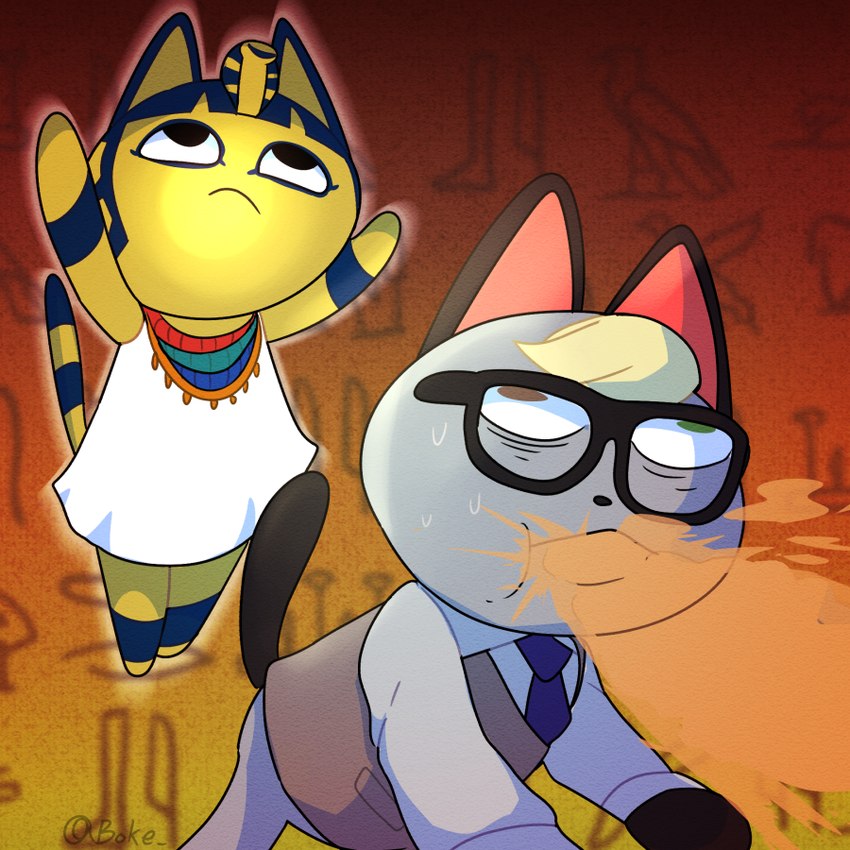 anthro bodily_fluids clothed clothing duo eyewear female glasses male vomit vomiting boke_(artist) animal_crossing nintendo ankha_(animal_crossing) raymond_(animal_crossing) domestic_cat felid feline felis mammal 1:1