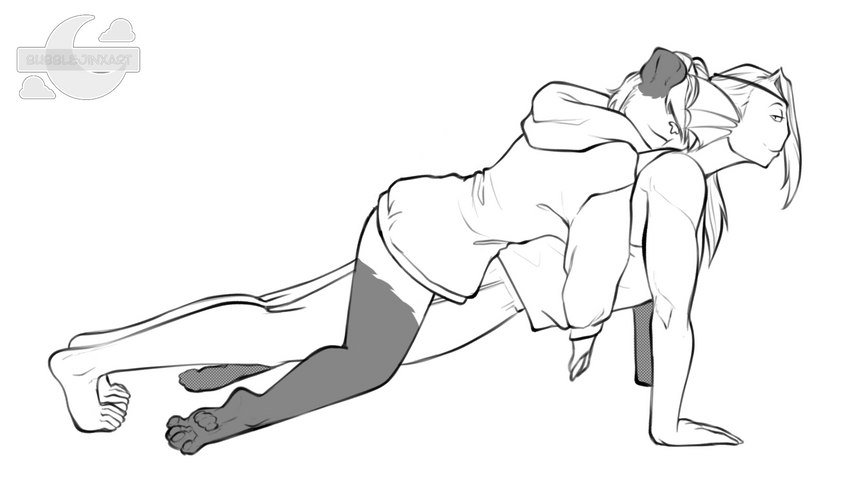 anthro athletic_wear clothing duo exercise female hoodie lying_on_another male male/female push-up sleeping sleeping_on_partner tired topwear bubblejinxart undertale undertale_(series) aimi_(sleepysushiroll) undyne animal_humanoid bear giant_panda humanoid mammal marine marine_humanoid black_and_white hi_res monochrome