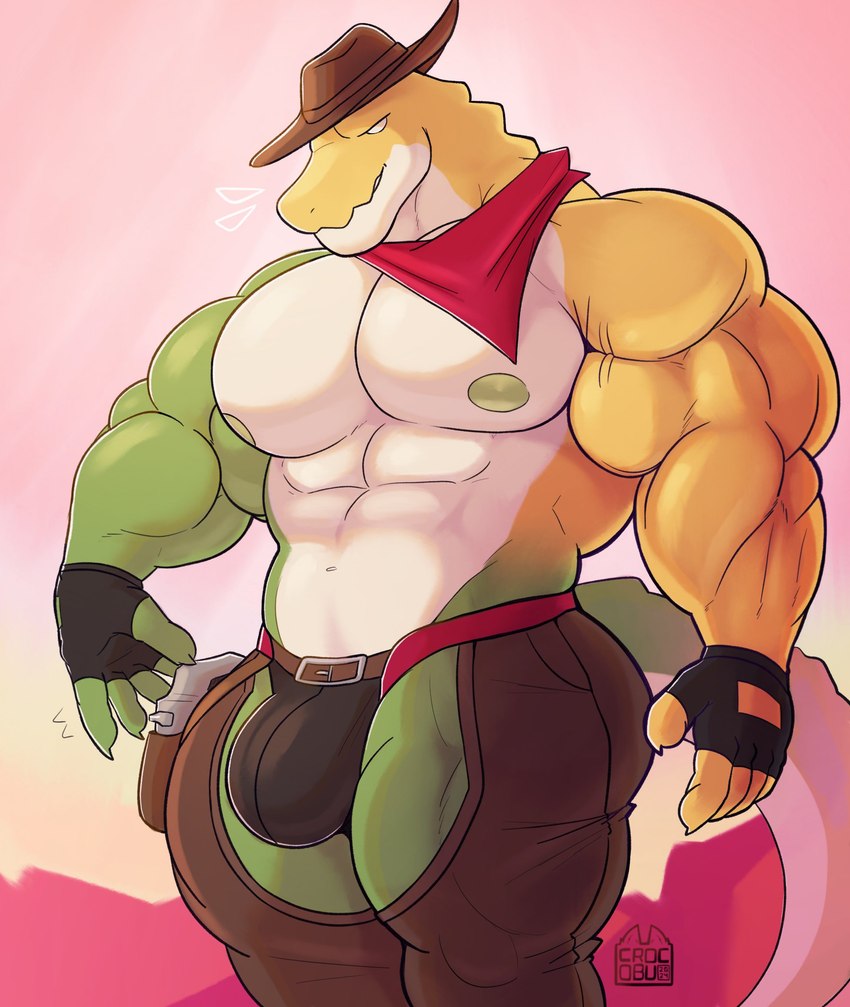 abs anthro big_muscles brown_clothing brown_hat brown_headwear bulge candy chaps clothed clothing cowboy_hat dessert empty_eyes fingerless_gloves food gloves green_body green_nipples gummy_(food) gun half-closed_eyes handwear hat headgear headwear huge_muscles kerchief male muscular muscular_anthro muscular_male narrowed_eyes navel neckerchief neckwear nipples pecs ranged_weapon simple_background solo standing topless weapon white_eyes yellow_body crocobu glitch_productions the_amazing_digital_circus gummigoo_(tadc) alligator alligatorid crocodilian food_creature gummy_creature living_candy mammal reptile scalie 2024 hi_res signature