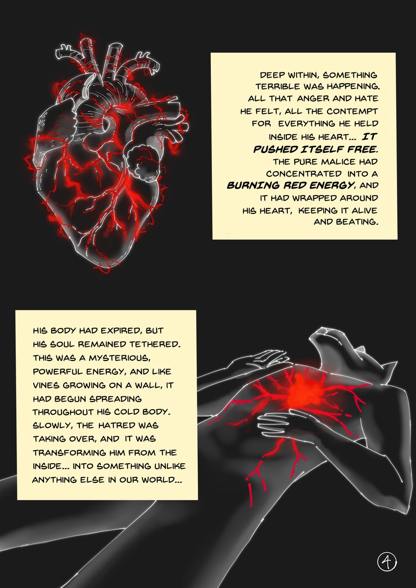 anthro black_background dying energy glowing glowing_heart hatred heart_(organ) lying male narration on_back organs red_glow simple_background solo text text_box bastard_rat strays_in_paradise dark_matter_(li'l_melon) canid canine mammal absurd_res comic english_text hi_res monochrome