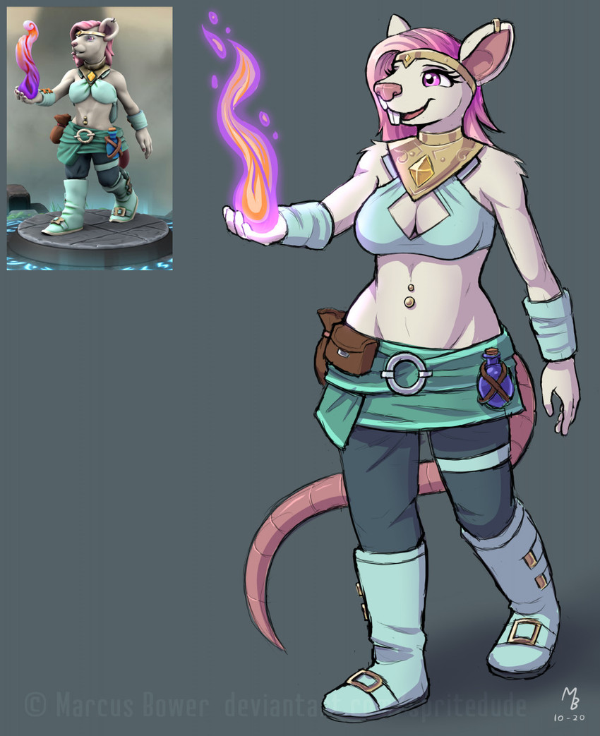 accessory anthro arm_tuft bag barbell_piercing boots bottomwear breasts buckle buckteeth clothing crotch_lines cuffs_(clothing) ear_piercing ear_ring eyelashes female fire flask footwear fur hair headband long_eyelashes navel navel_piercing piercing pink_eyes pink_hair pink_nose ring_piercing segmented_tail shoes shoulder_tuft skirt smile solo teeth tuft white_body white_fur spritedude nomi_(spritedude) mammal murid murine rat rodent hi_res model_sheet signature watermark