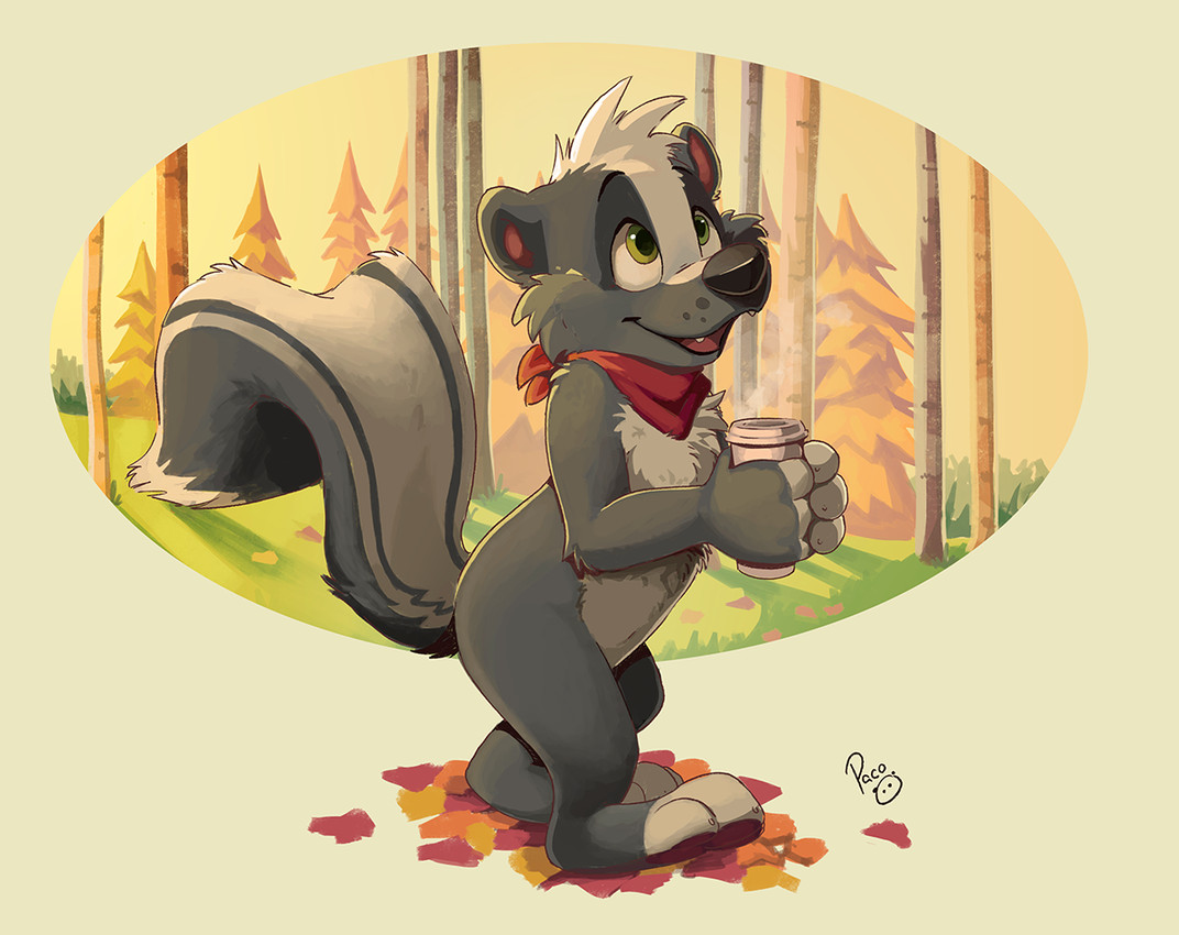 anthro beverage black_nose fangs forest fur glistening glistening_eyes grass green_eyes grey_body grey_fur holding_beverage holding_object kerchief kerchief_only leaf logo looking_up male mostly_nude neckerchief neckerchief_only neckwear open_mouth open_smile orange_sky outside plant red_kerchief red_neckerchief red_tongue sky smile solo standing teeth tongue tree white_body white_fur young young_anthro young_male pandapaco mammal mephitid skunk artist_logo digital_media_(artwork) full-length_portrait portrait signature