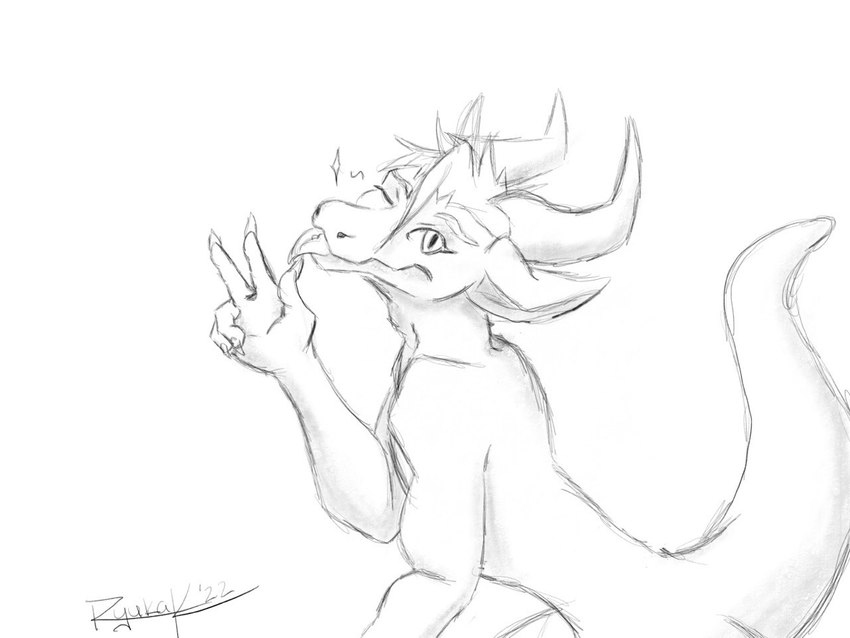 anthro claws cute_pose gesture hair hand_gesture horn looking_at_viewer male one_eye_closed smile solo tail tongue tongue_out v_sign wink ryuka mythology dragon mammal mythological_creature mythological_scalie scalie 4:3 digital_media_(artwork) monochrome