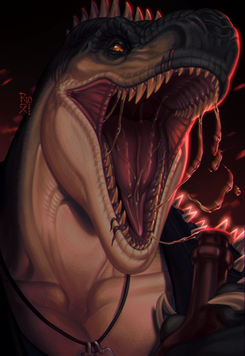 anthro black_clothing black_topwear bodily_fluids bottle clothed clothing container dark_body dark_scales dog_tags front_view glistening glistening_eyes head_spikes holding_bottle holding_container holding_object male mouth_shot open_mouth orange_sclera red_tongue saliva saliva_on_tongue saliva_string scales sharp_teeth simple_background solo spiked_topwear spikes spikes_(anatomy) tan_body tan_scales teeth tongue topwear yellow_eyes yellow_teeth riorix rocco_(tallion) dinosaur prehistoric_species reptile scalie theropod tyrannosaurid tyrannosauroid tyrannosaurus tyrannosaurus_rex 2022 bust_portrait dated hi_res portrait signature