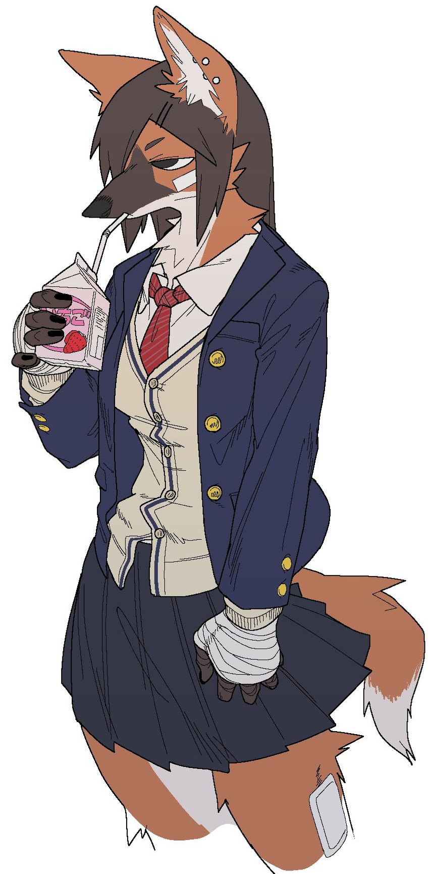 anthro beverage_carton blazer bottomwear carton clothed clothing container drinking ear_piercing female female_anthro flavored_milk fully_clothed holding_carton holding_container holding_object kemono milk milk_carton milk_container necktie piercing school_uniform simple_background skirt solo strawberry_milk uniform white_background quququl canid canine mammal maned_wolf 2021 hi_res