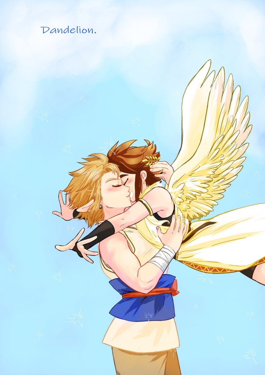 blonde_hair blush brown_hair clothing cloud day dialogue duo eyes_closed feathered_wings feathers hair hand_on_head hug humanoid_on_humanoid humanoid_pointy_ears light_body light_skin male male/male not_furry pointy_ears speech_bubble text wings soft_sizzle kid_icarus nintendo the_legend_of_zelda link pit_(kid_icarus) angel elf humanoid hylian winged_humanoid 2020 comic cover cover_art cover_page crossover english_text hi_res