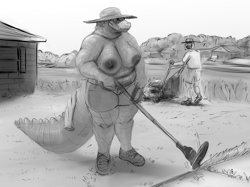 anthro big_breasts breasts clothed clothing female hat headgear headwear male nipples non-mammal_breasts topless doctordj olivia_(doctordj) crocodilian human mammal reptile scalie hi_res monochrome